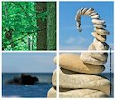 Montage of forest and pebble sculpture Montage of forest and pebble sculpture