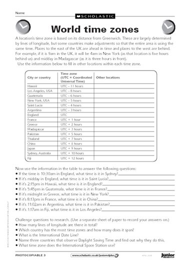 resource  time World teaching activities â€“ KS2  year  Primary zones 5 zones â€“ worksheet time