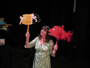 Julia Donaldson with fish puppets
