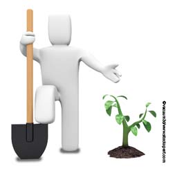 Graphic of man with large spade stood next to small tree Graphic of man with large spade stood next to small tree