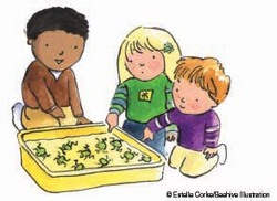 Children counting frogs