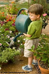 child watering flowers